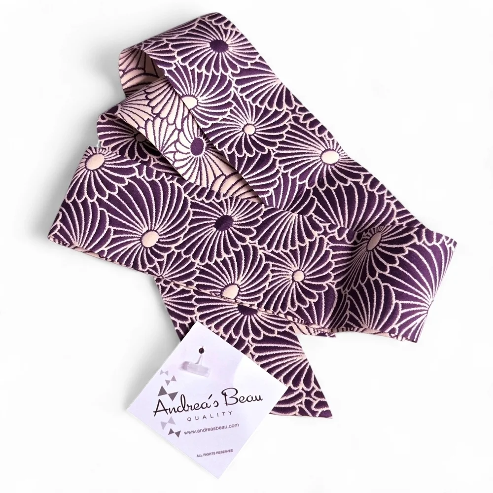 Purple and Cream Floral Hair Scarf / Neck Tie NEW With Tag